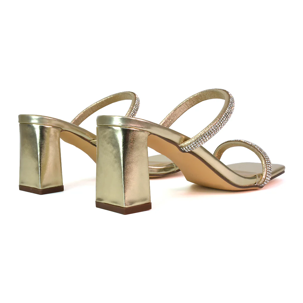 Holden Diamante Strap Square Toe Mid Block Heel Sandal Mules in Silver - Image 37