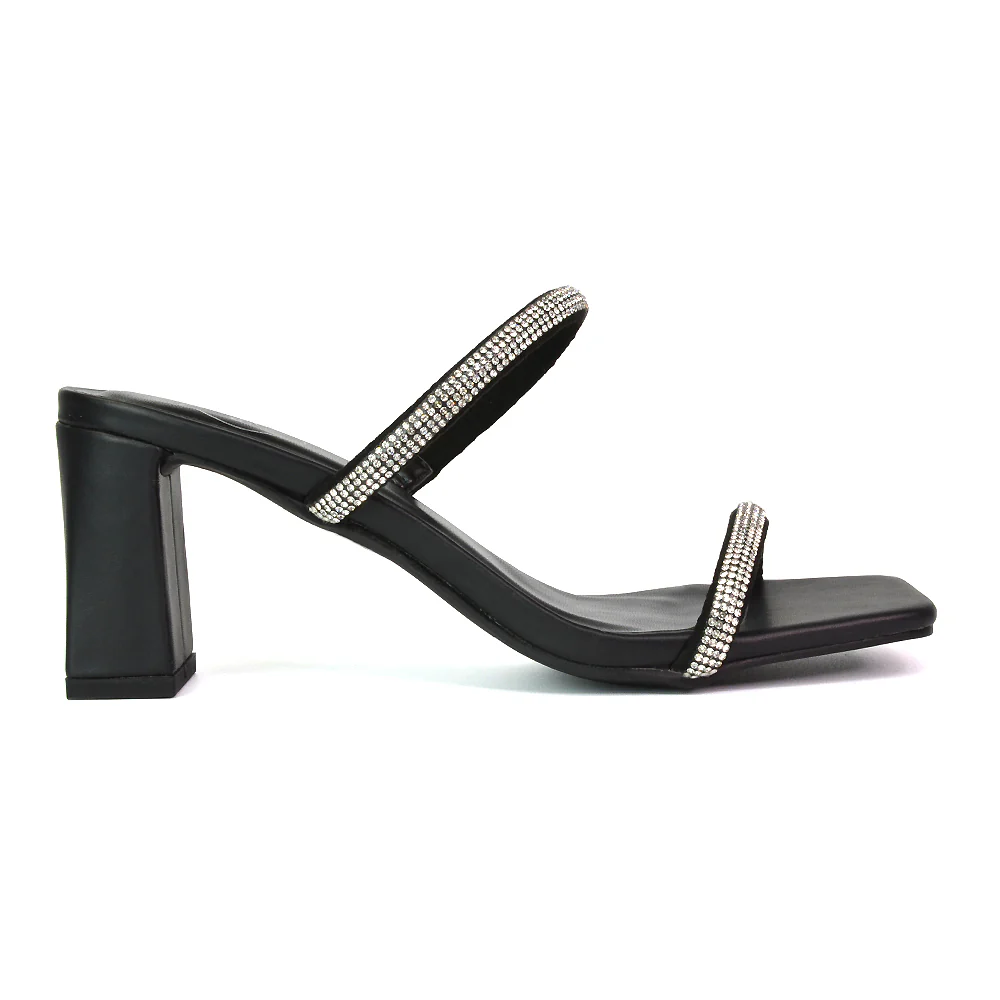Holden Diamante Strap Square Toe Mid Block Heel Sandal Mules in Silver - Image 73