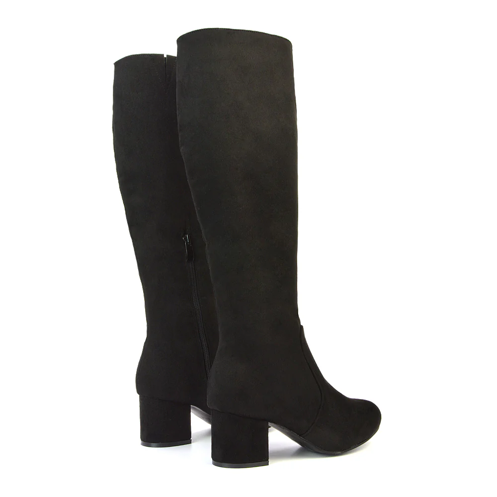 Honey Knee High Boots with Mid Block Heel and Inside Zip in Black Faux Suede - Image 107