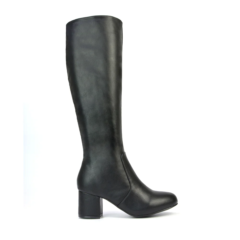 Honey Knee High Boots with Mid Block Heel and Inside Zip in Black Faux Suede - Image 15