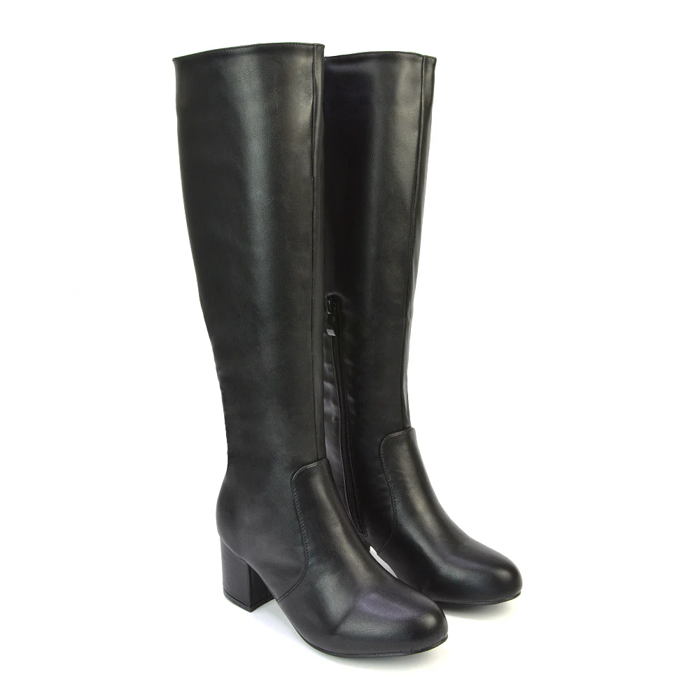 Honey Knee High Boots with Mid Block Heel and Inside Zip in Black Faux Suede - Image 36