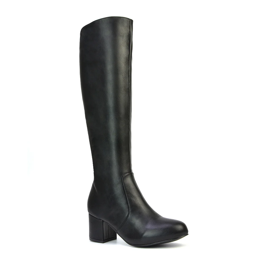 Honey Knee High Boots with Mid Block Heel and Inside Zip in Black Faux Suede - Image 38