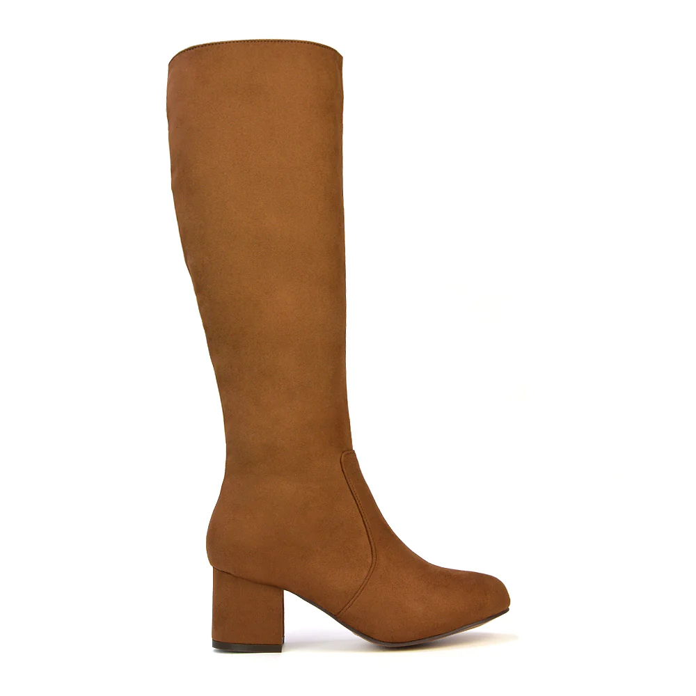 Honey Knee High Boots with Mid Block Heel and Inside Zip in Black Synthetic Leather - Image 45