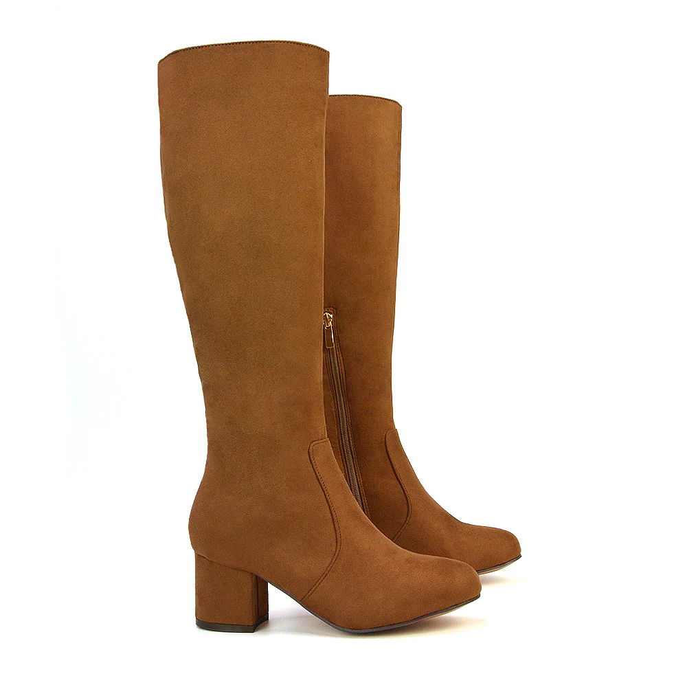 Honey Knee High Boots with Mid Block Heel and Inside Zip in Black Synthetic Leather - Image 64