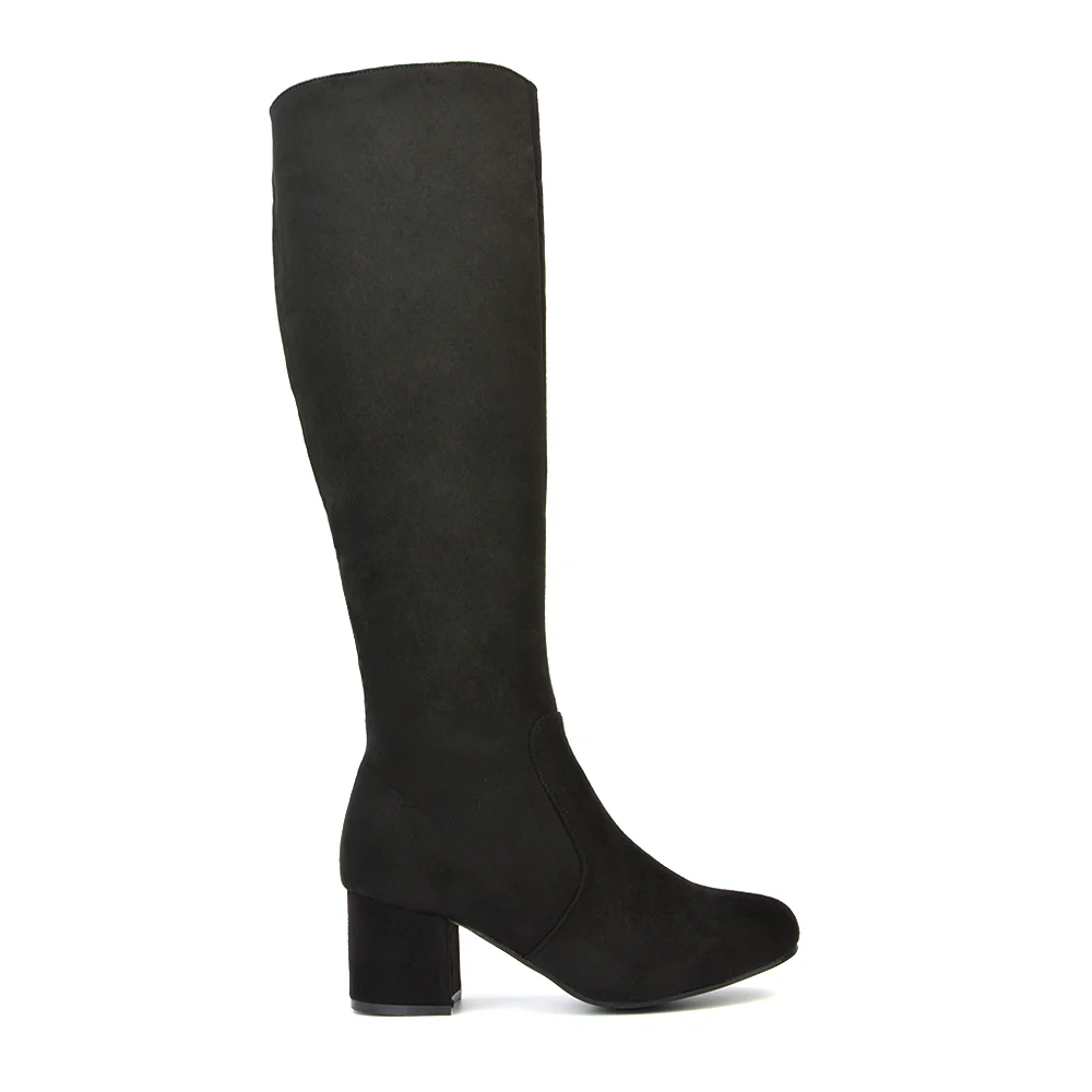 Honey Knee High Boots with Mid Block Heel and Inside Zip in Black Synthetic Leather - Image 81
