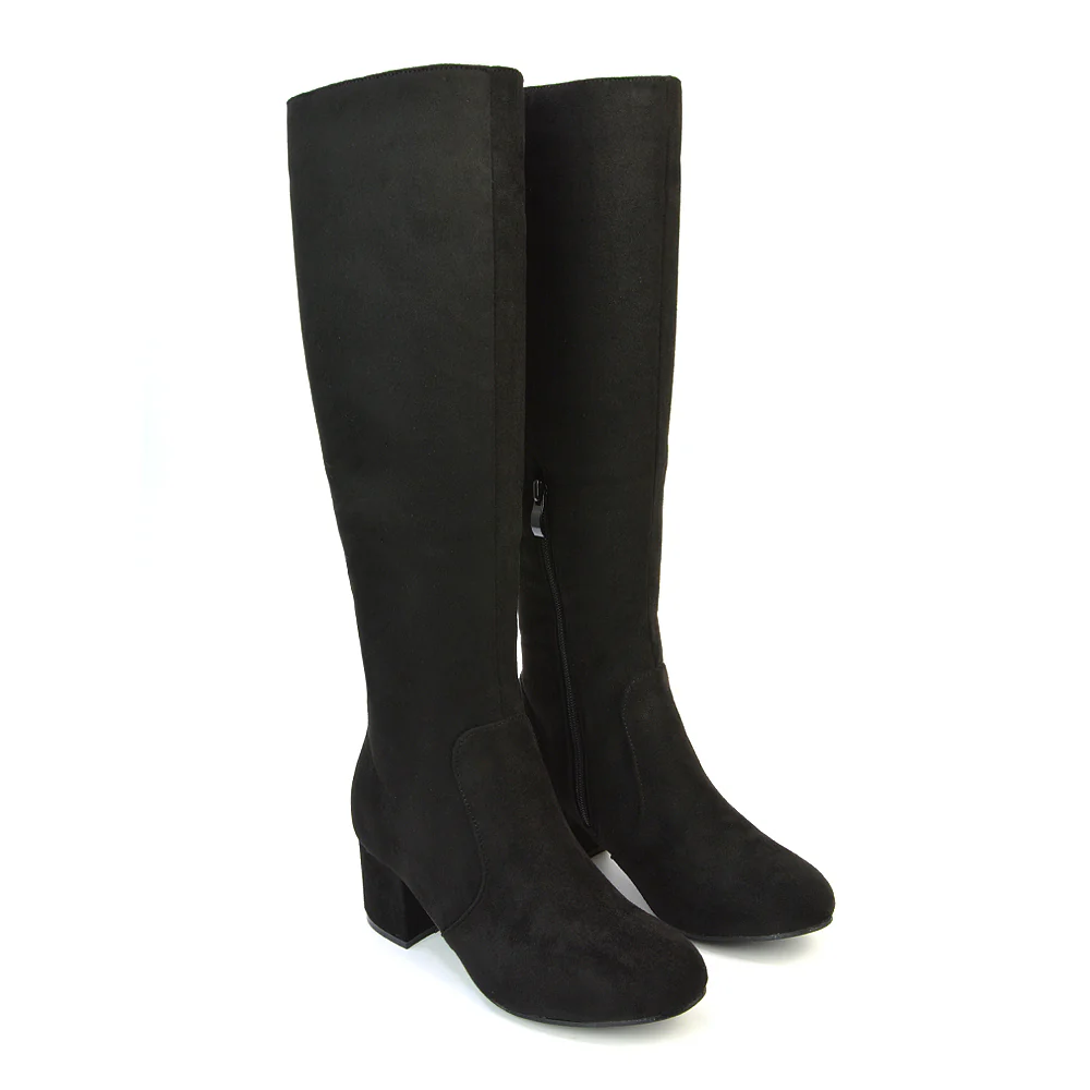 Honey Knee High Boots with Mid Block Heel and Inside Zip in Brown Faux Suede - Image 102