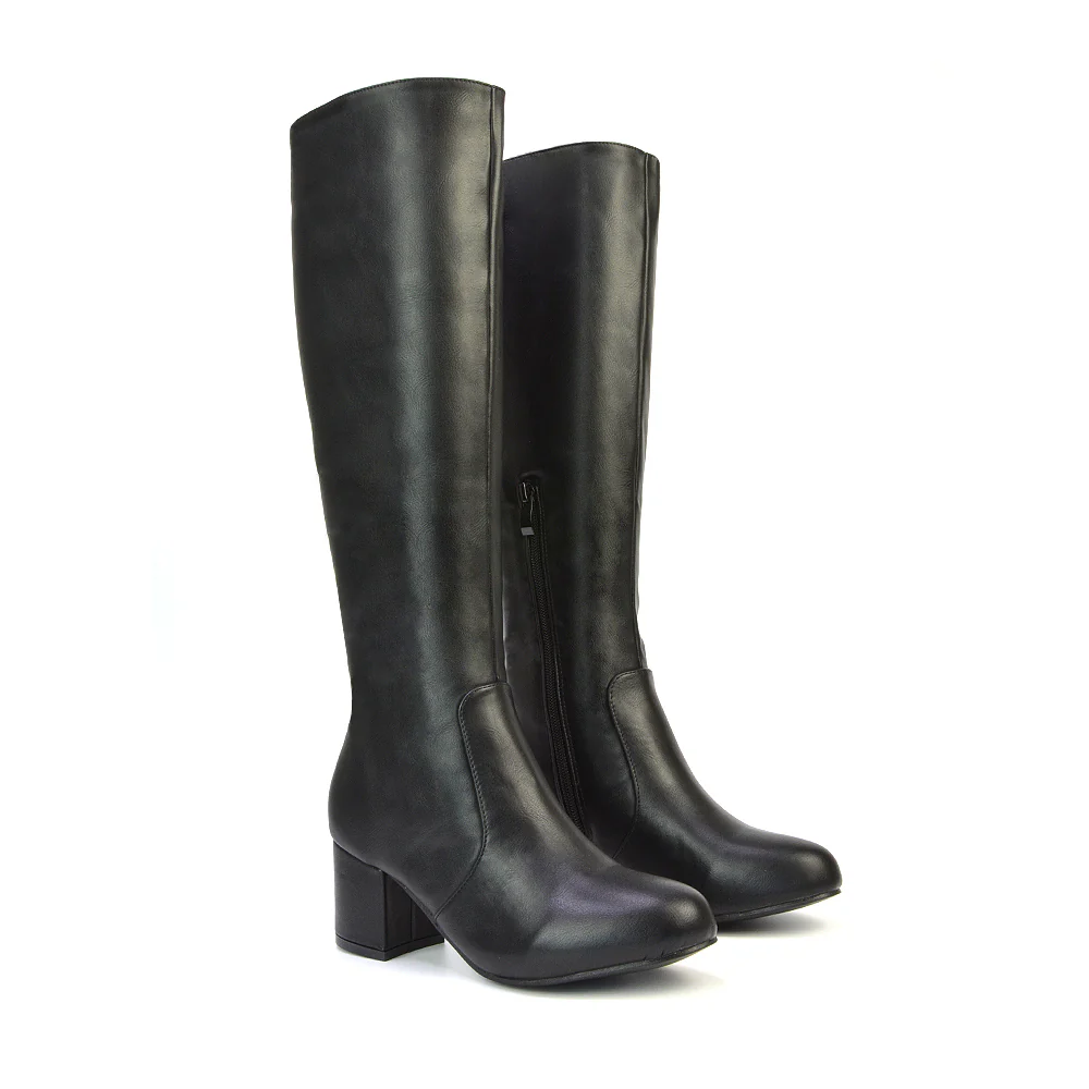 Honey Knee High Boots with Mid Block Heel and Inside Zip in Brown Faux Suede - Image 31