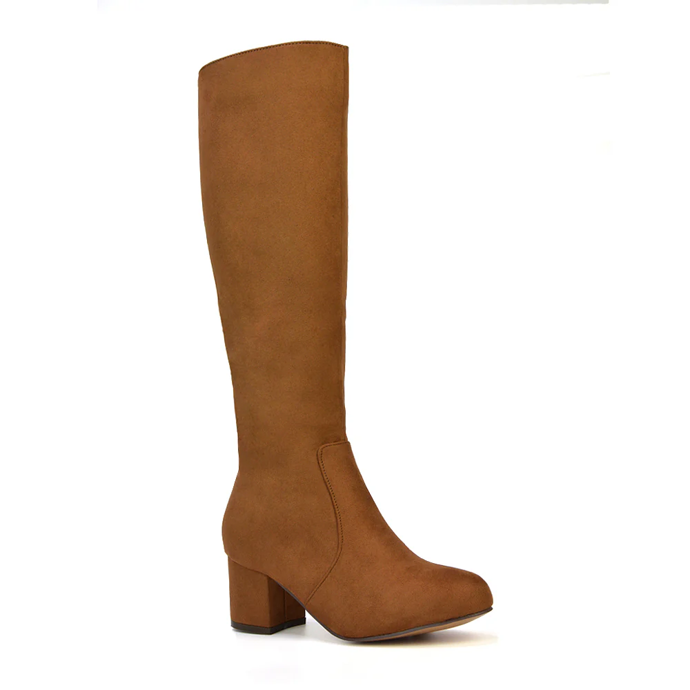 Honey Knee High Boots with Mid Block Heel and Inside Zip in Brown Faux Suede - Image 50