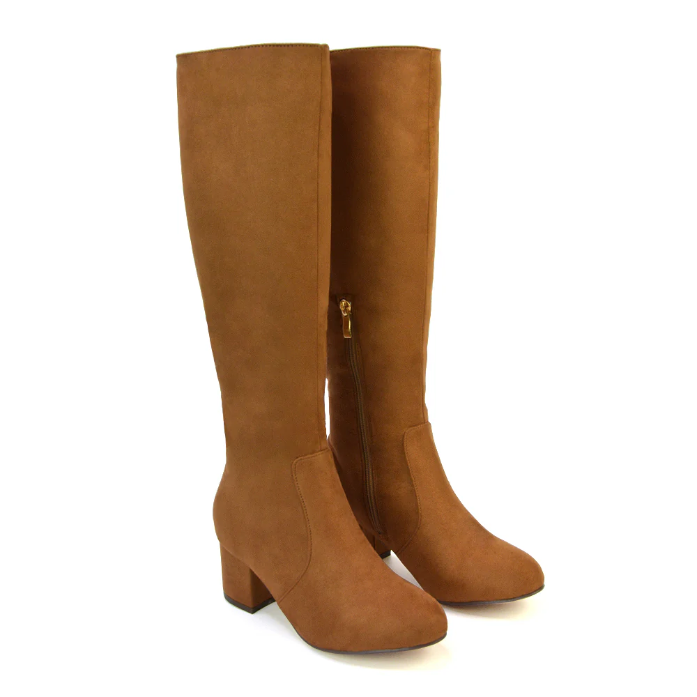 Honey Knee High Boots with Mid Block Heel and Inside Zip in Brown Faux Suede - Image 6