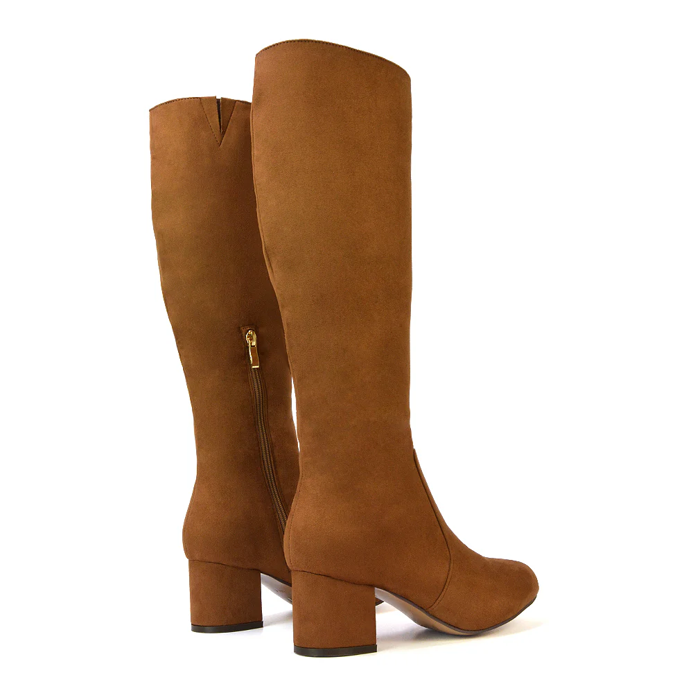 Honey Knee High Boots with Mid Block Heel and Inside Zip in Brown Faux Suede - Image 65