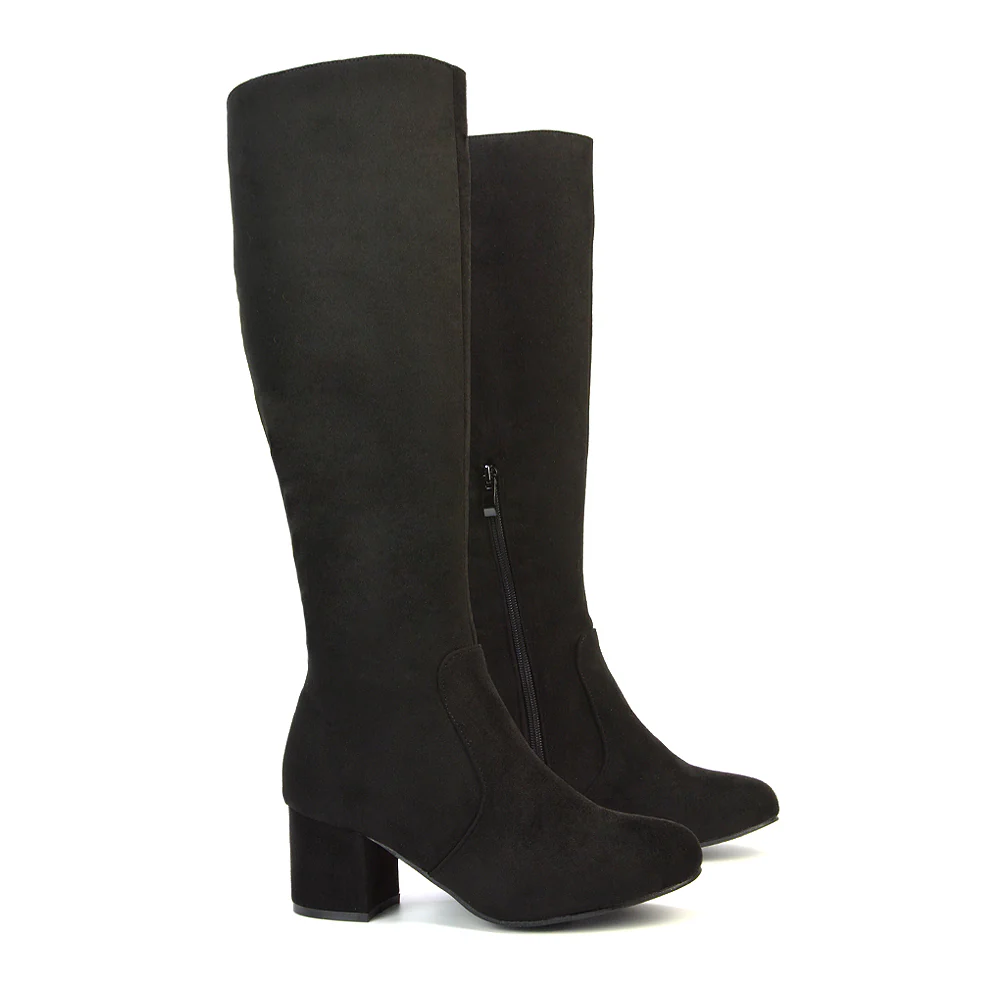 Honey Knee High Boots with Mid Block Heel and Inside Zip in Brown Faux Suede - Image 94