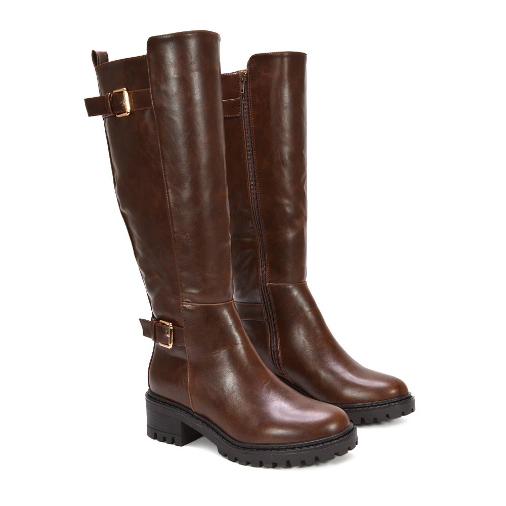 Hope Chunky Knee High Buckle Biker Boots in Black Synthetic Leather - Image 7