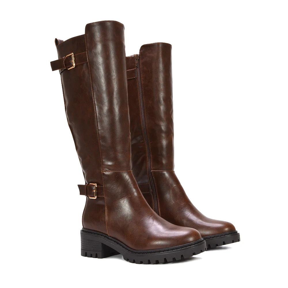 Hope Chunky Knee High Buckle Biker Boots in Black Synthetic Leather - Image 9