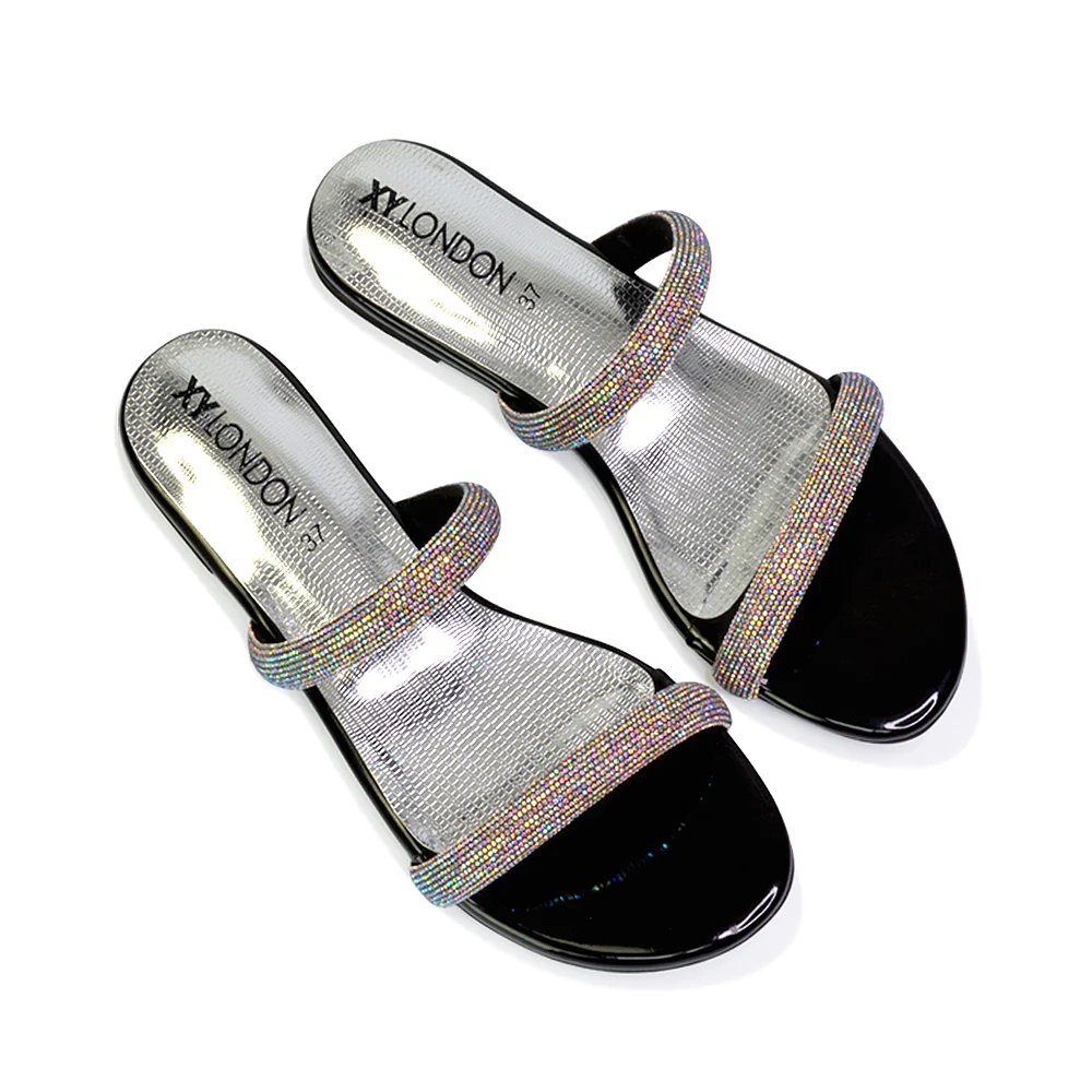 Hope Slip On Sparkly Bridal Shoes Summer Diamante Flat Sandals in Black - Image 103
