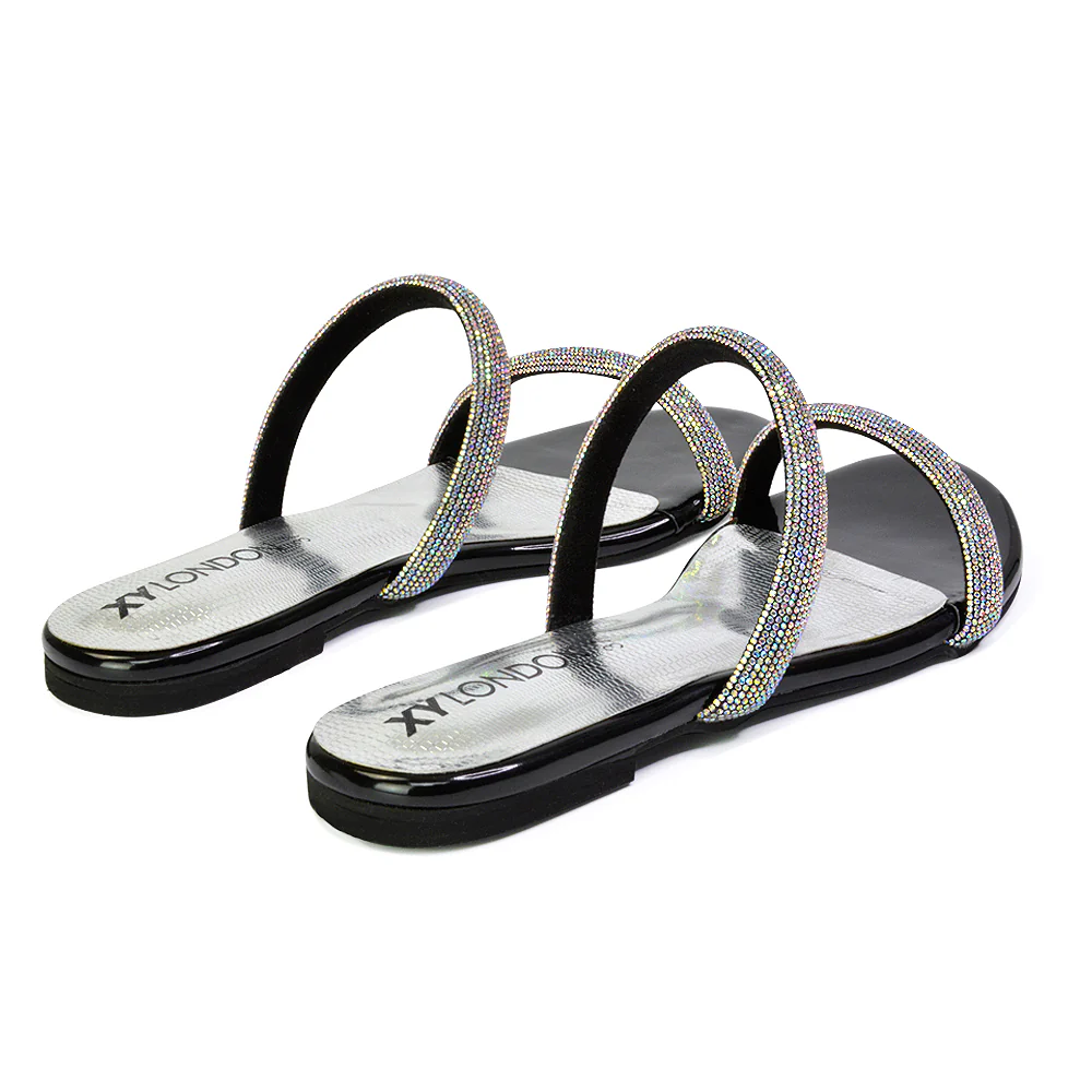 Hope Slip On Sparkly Bridal Shoes Summer Diamante Flat Sandals in Black - Image 111