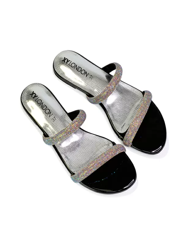Hope Slip On Sparkly Bridal Shoes Summer Diamante Flat Sandals in Black - Image 2