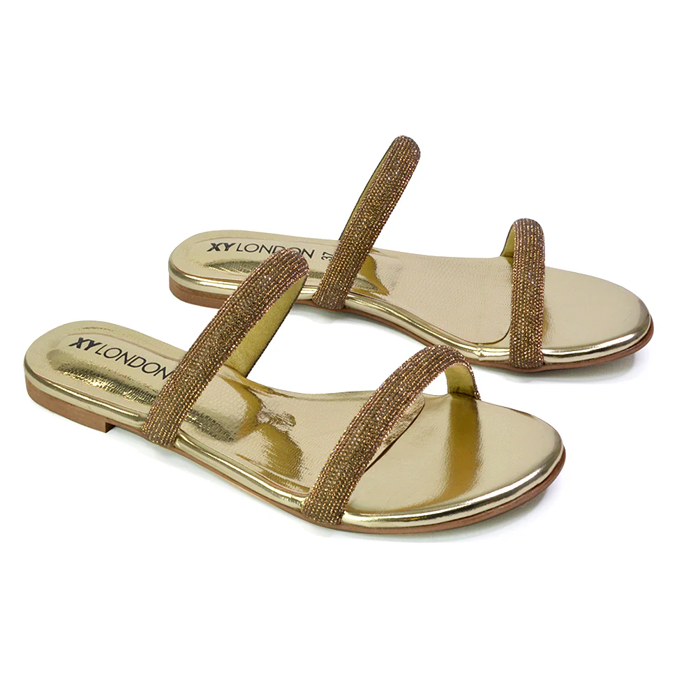 Hope Slip On Sparkly Bridal Shoes Summer Diamante Flat Sandals in Black - Image 42