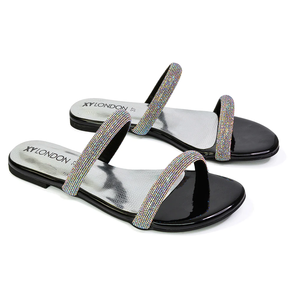 Hope Slip On Sparkly Bridal Shoes Summer Diamante Flat Sandals in Black - Image 6