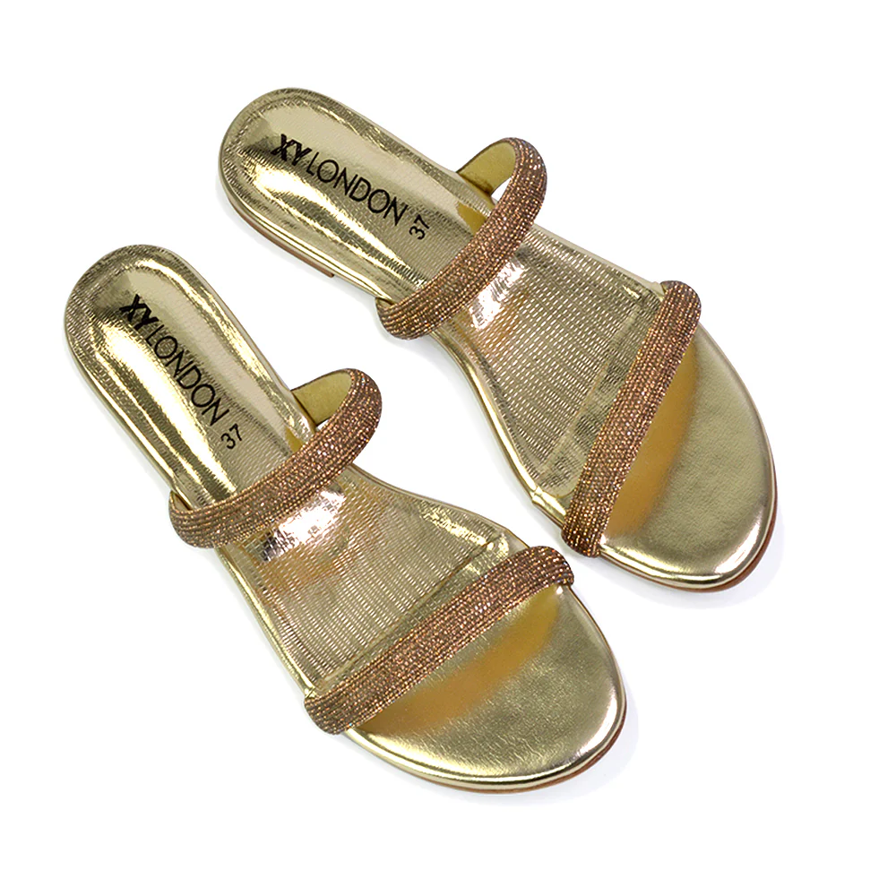 Hope Slip On Sparkly Bridal Shoes Summer Diamante Flat Sandals in Black - Image 73