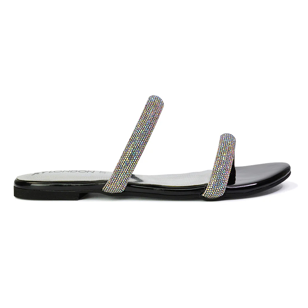 Hope Slip On Sparkly Bridal Shoes Summer Diamante Flat Sandals in Black - Image 79
