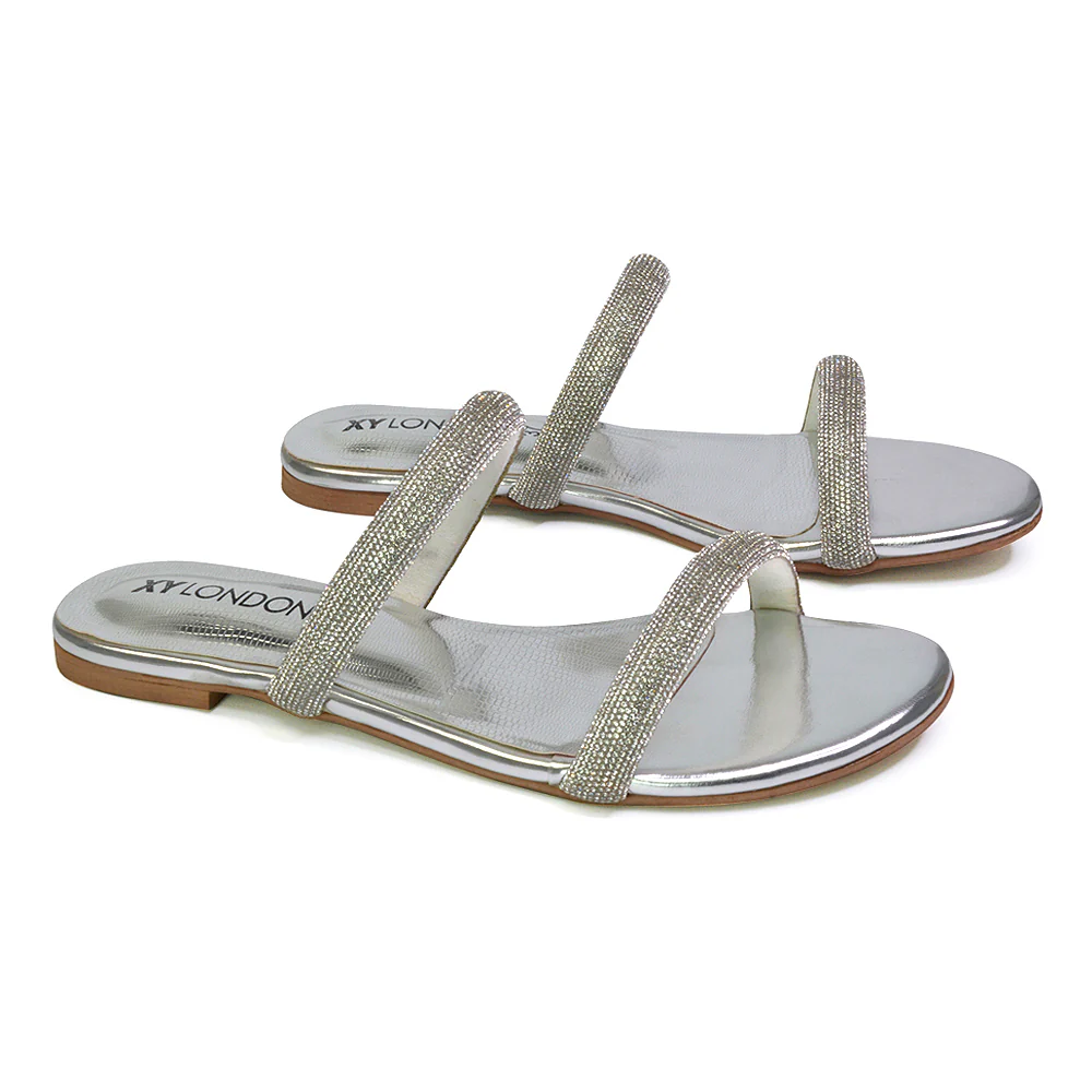 Hope Slip On Sparkly Bridal Shoes Summer Diamante Flat Sandals in Black - Image 8