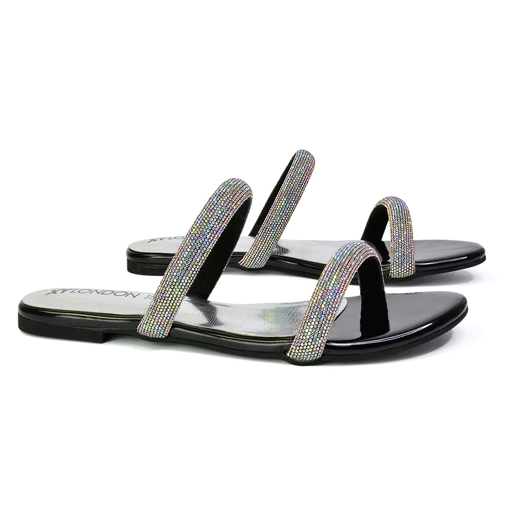 Hope Slip On Sparkly Bridal Shoes Summer Diamante Flat Sandals in Black - Image 90