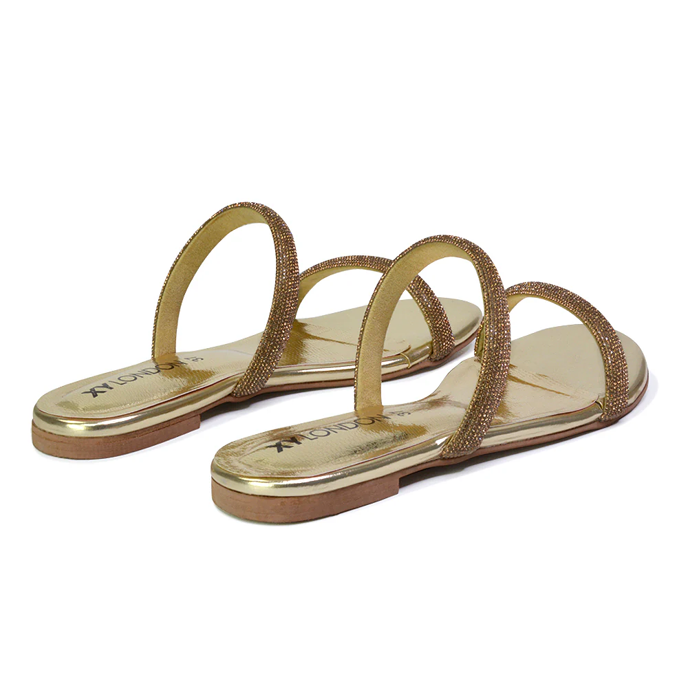Hope Slip On Sparkly Bridal Shoes Summer Diamante Flat Sandals in Gold - Image 46