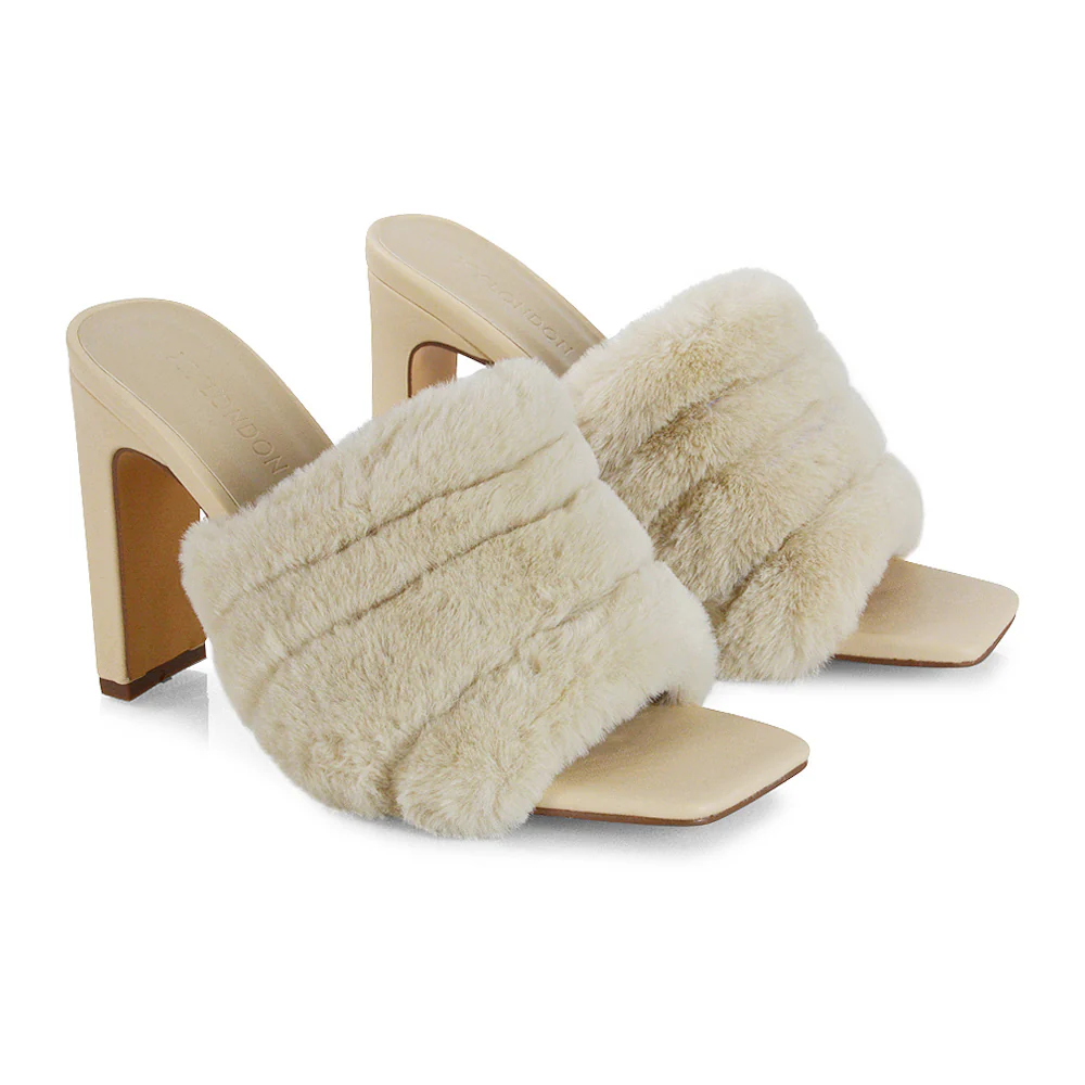 Hunter Fluffy Faux Fur Front Strap Square Toe High Slim Block Heel Mules in Black - Image 110