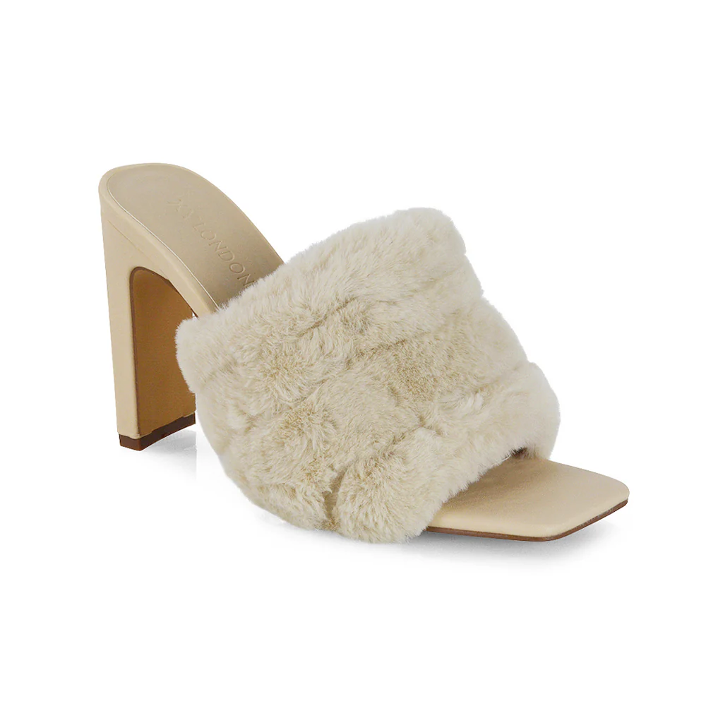 Hunter Fluffy Faux Fur Front Strap Square Toe High Slim Block Heel Mules in Black - Image 111