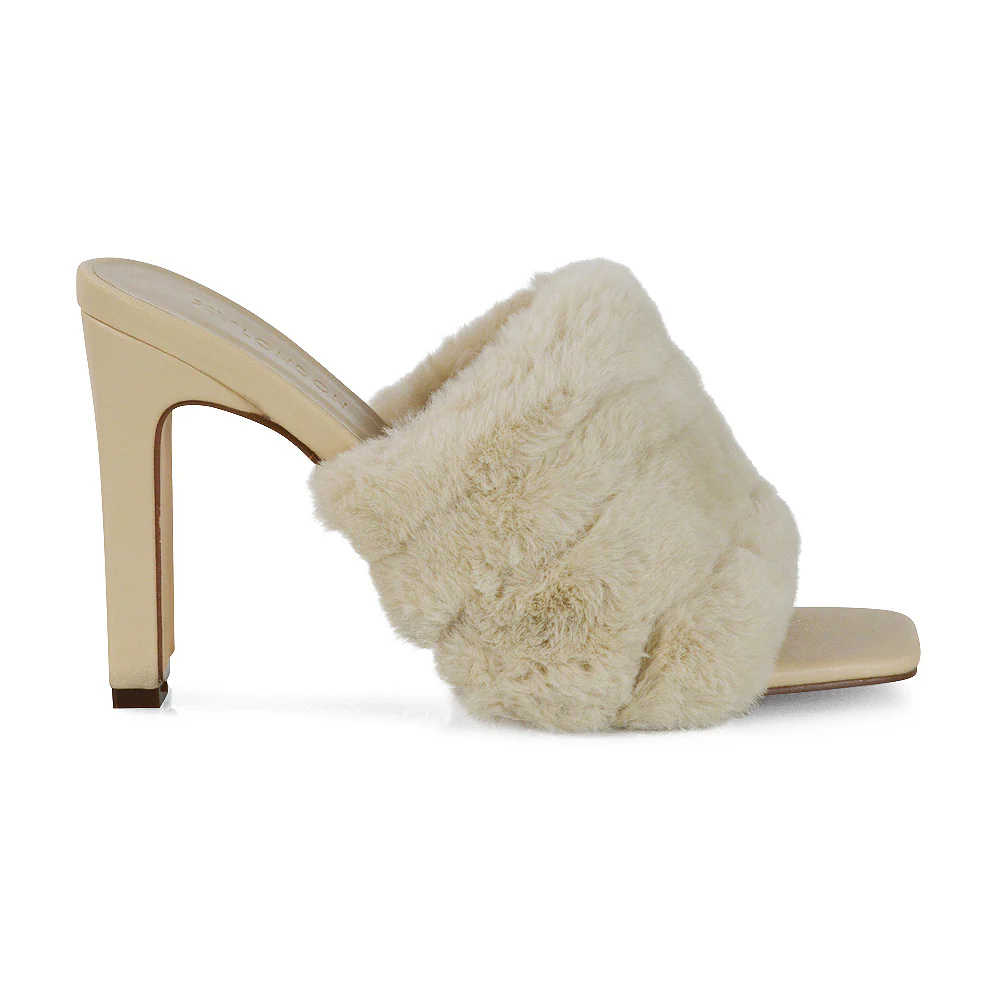 Hunter Fluffy Faux Fur Front Strap Square Toe High Slim Block Heel Mules in Black - Image 112