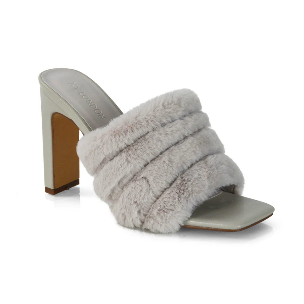 Hunter Fluffy Faux Fur Front Strap Square Toe High Slim Block Heel Mules in Black - Image 41