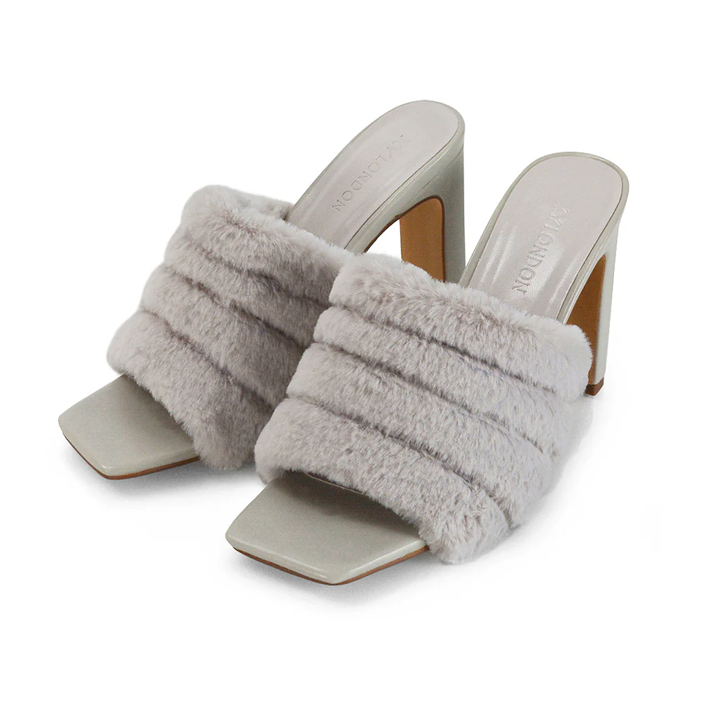 Hunter Fluffy Faux Fur Front Strap Square Toe High Slim Block Heel Mules in Black - Image 44