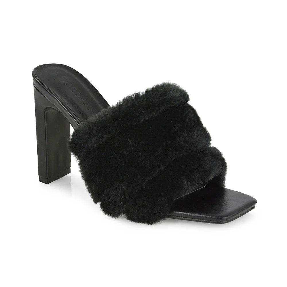 Hunter Fluffy Faux Fur Front Strap Square Toe High Slim Block Heel Mules in Black - Image 7