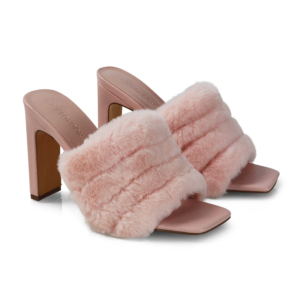 Hunter Fluffy Faux Fur Front Strap Square Toe High Slim Block Heel Mules in Black - Image 80