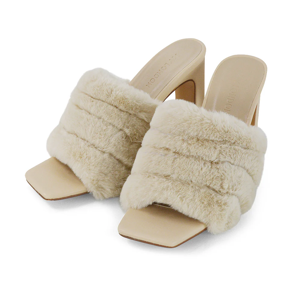 Hunter Fluffy Faux Fur Front Strap Square Toe High Slim Block Heel Mules in Black - Image 93