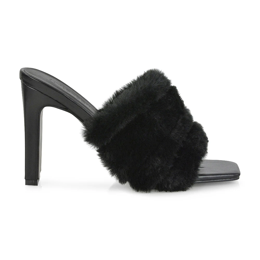 Hunter Fluffy Faux Fur Front Strap Square Toe High Slim Block Heel Mules in Nude - Image 10