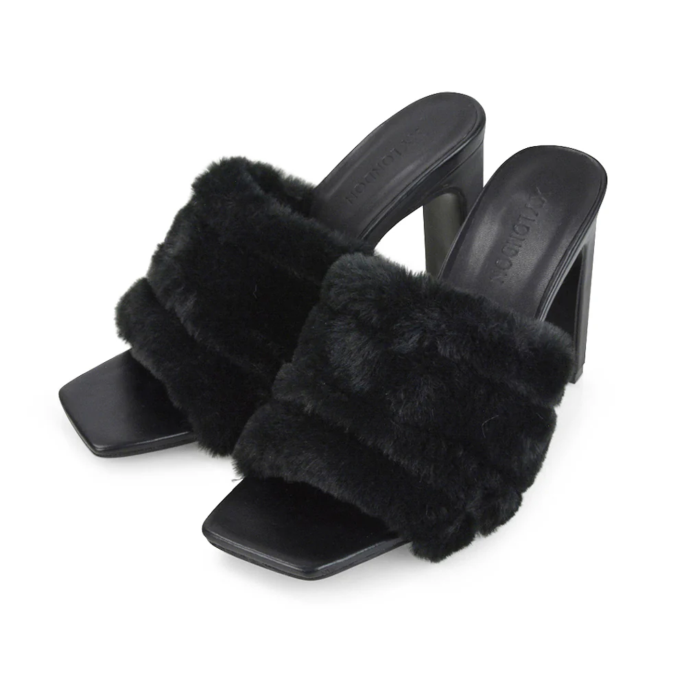 Hunter Fluffy Faux Fur Front Strap Square Toe High Slim Block Heel Mules in Nude - Image 31