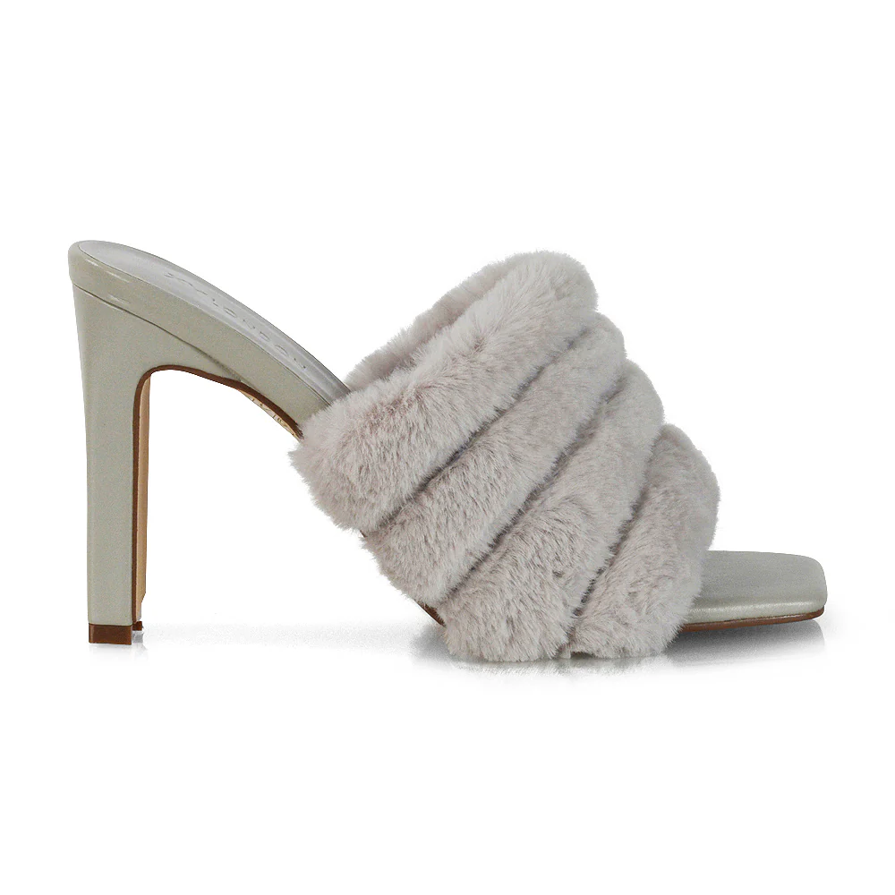 Hunter Fluffy Faux Fur Front Strap Square Toe High Slim Block Heel Mules in Nude - Image 40