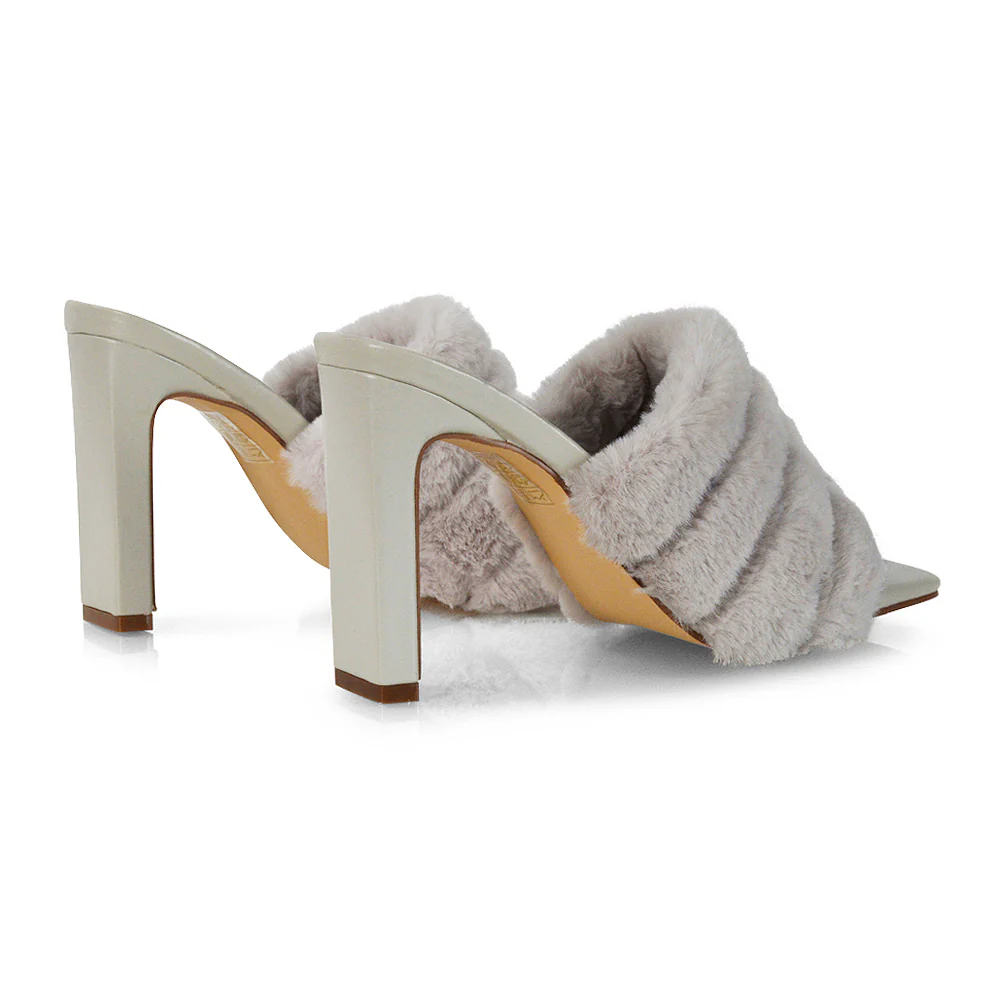 Hunter Fluffy Faux Fur Front Strap Square Toe High Slim Block Heel Mules in Nude - Image 49