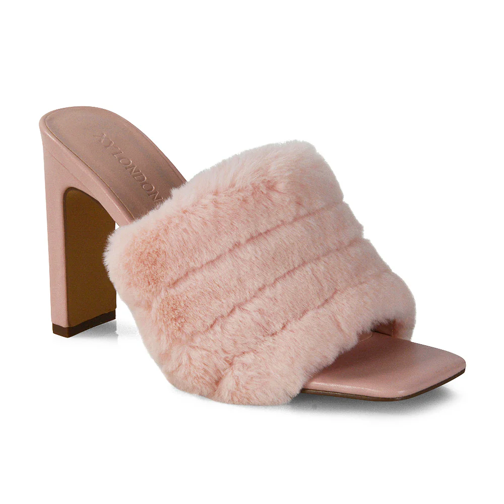 Hunter Fluffy Faux Fur Front Strap Square Toe High Slim Block Heel Mules in Nude - Image 83