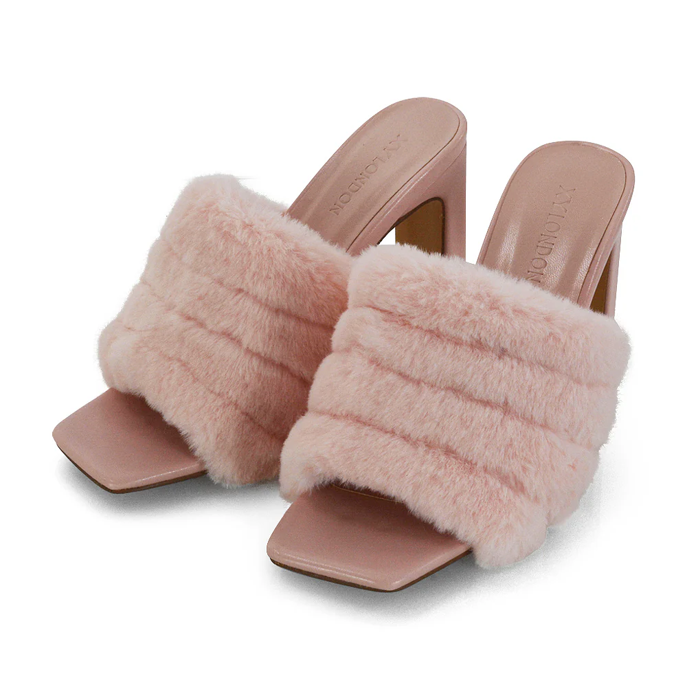 Hunter Fluffy Faux Fur Front Strap Square Toe High Slim Block Heel Mules in Nude - Image 85