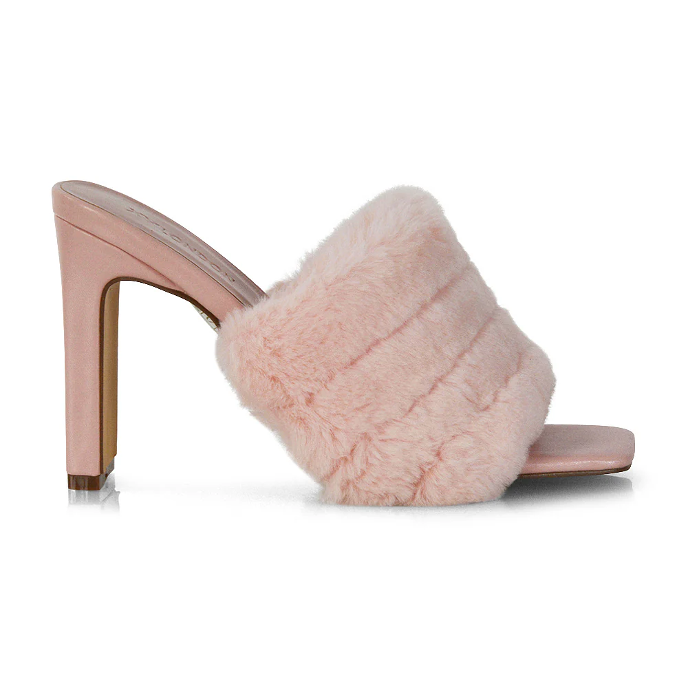 Hunter Fluffy Faux Fur Front Strap Square Toe High Slim Block Heel Mules in Pink - Image 82