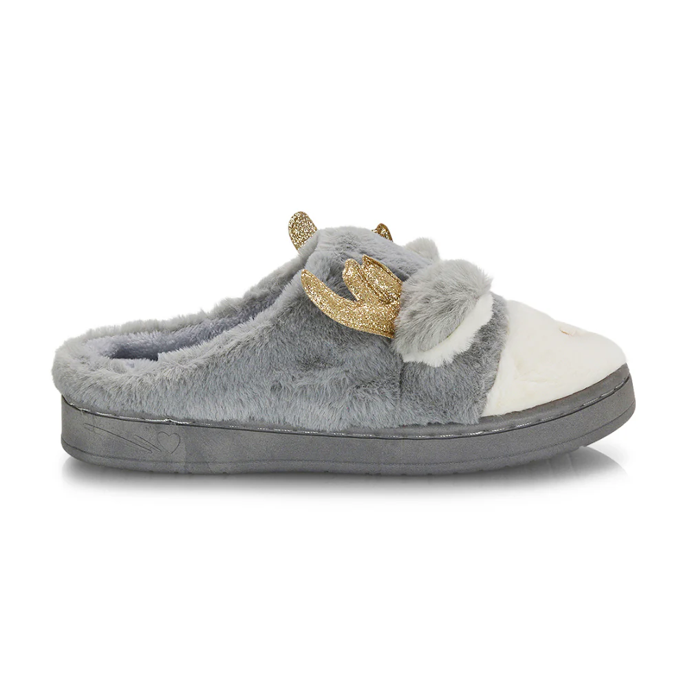 Immie Faux Fur Soft Fluffy Christmas Slip on Cosy Reindeer Slippers in Grey - Image 2