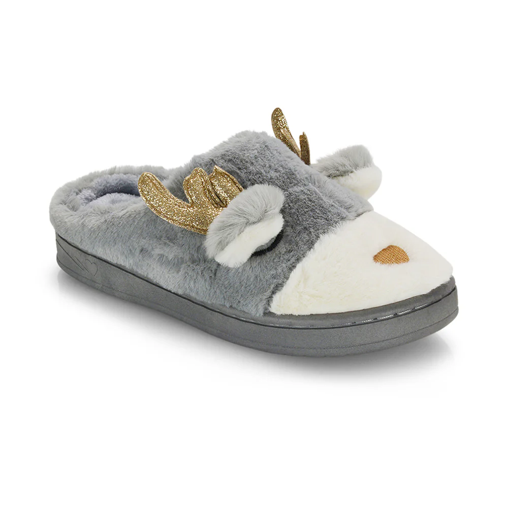 Immie Faux Fur Soft Fluffy Christmas Slip on Cosy Reindeer Slippers in Pink - Image 10