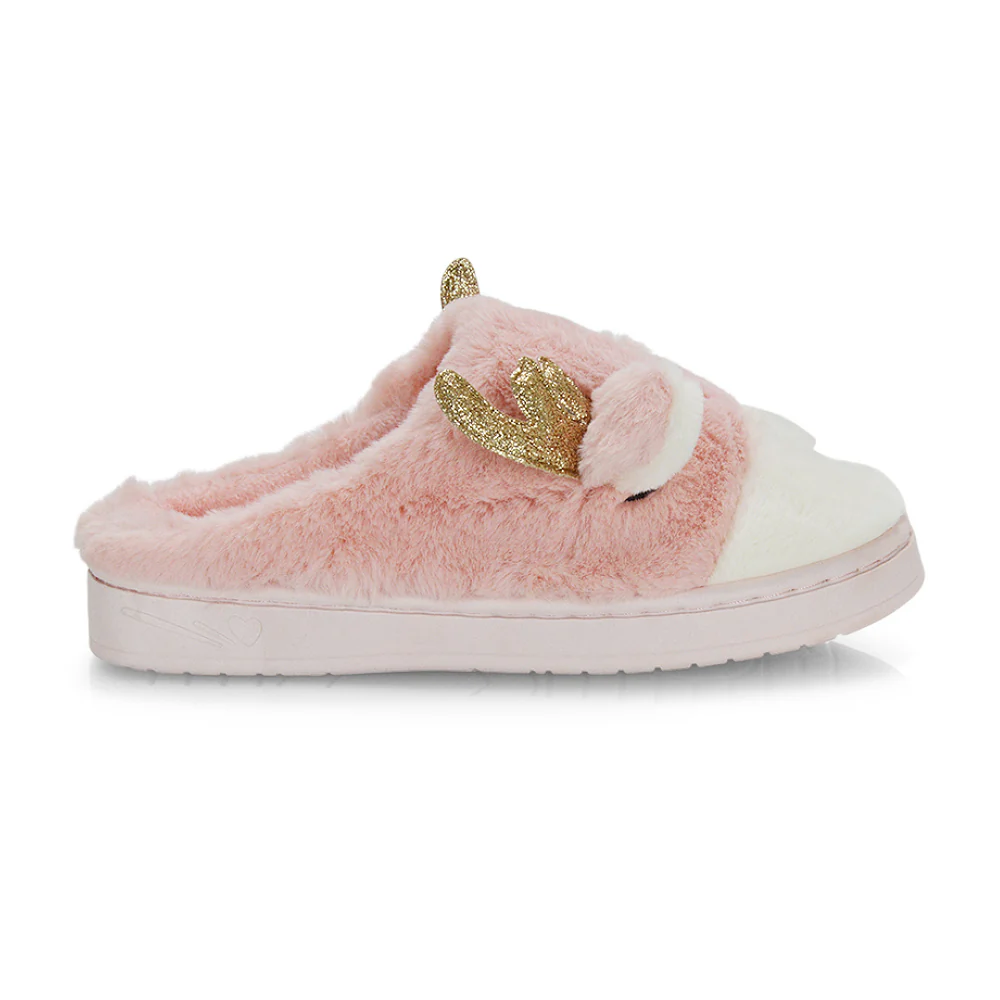 Immie Faux Fur Soft Fluffy Christmas Slip on Cosy Reindeer Slippers in Pink - Image 21