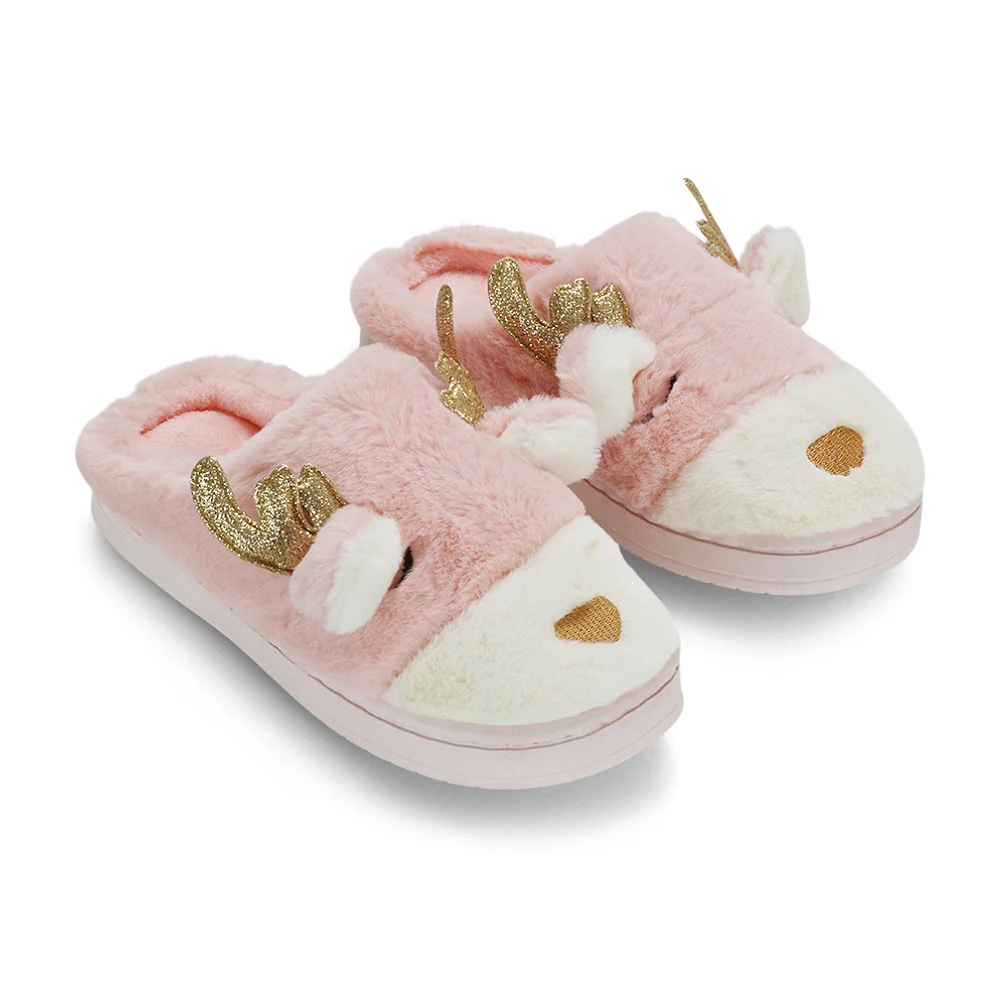 Immie Faux Fur Soft Fluffy Christmas Slip on Cosy Reindeer Slippers in Pink - Image 3