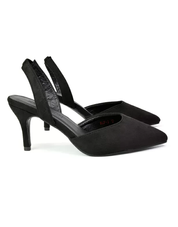Imogen Pointed Toe Sling Back Stiletto Mid Heel Court Shoes in Black - Image 3