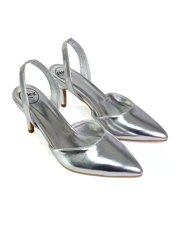 Imogen Pointed Toe Sling Back Stiletto Mid Heel Court Shoes in Black - Image 8