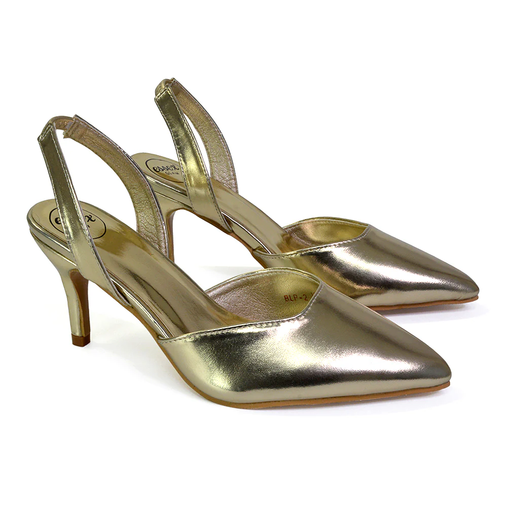 Imogen Pointed Toe Sling Back Stiletto Mid Heel Court Shoes in Gold - Image 121