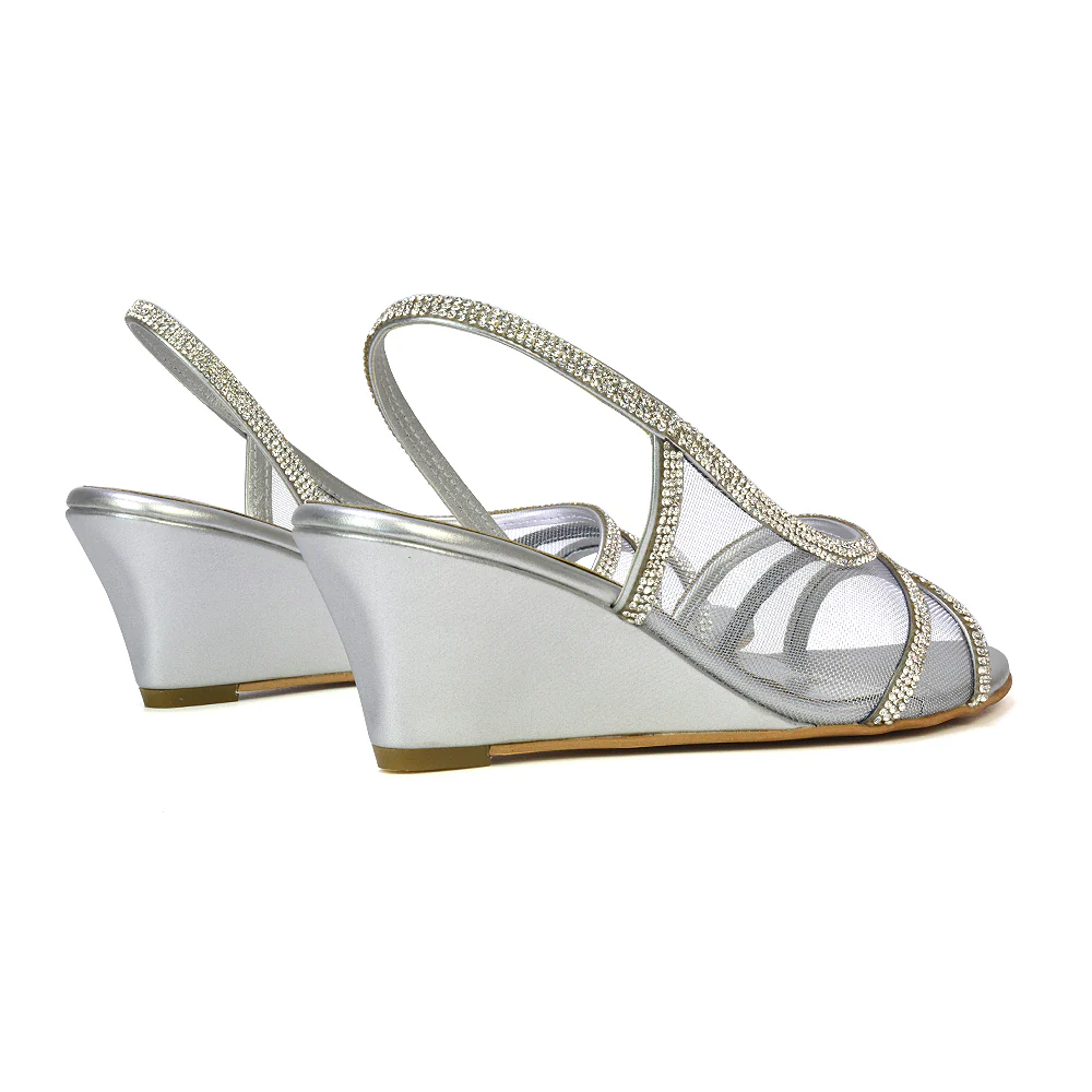Indy Strappy Diamante Sandal Wedge Heels with Mesh in Gold - Image 12